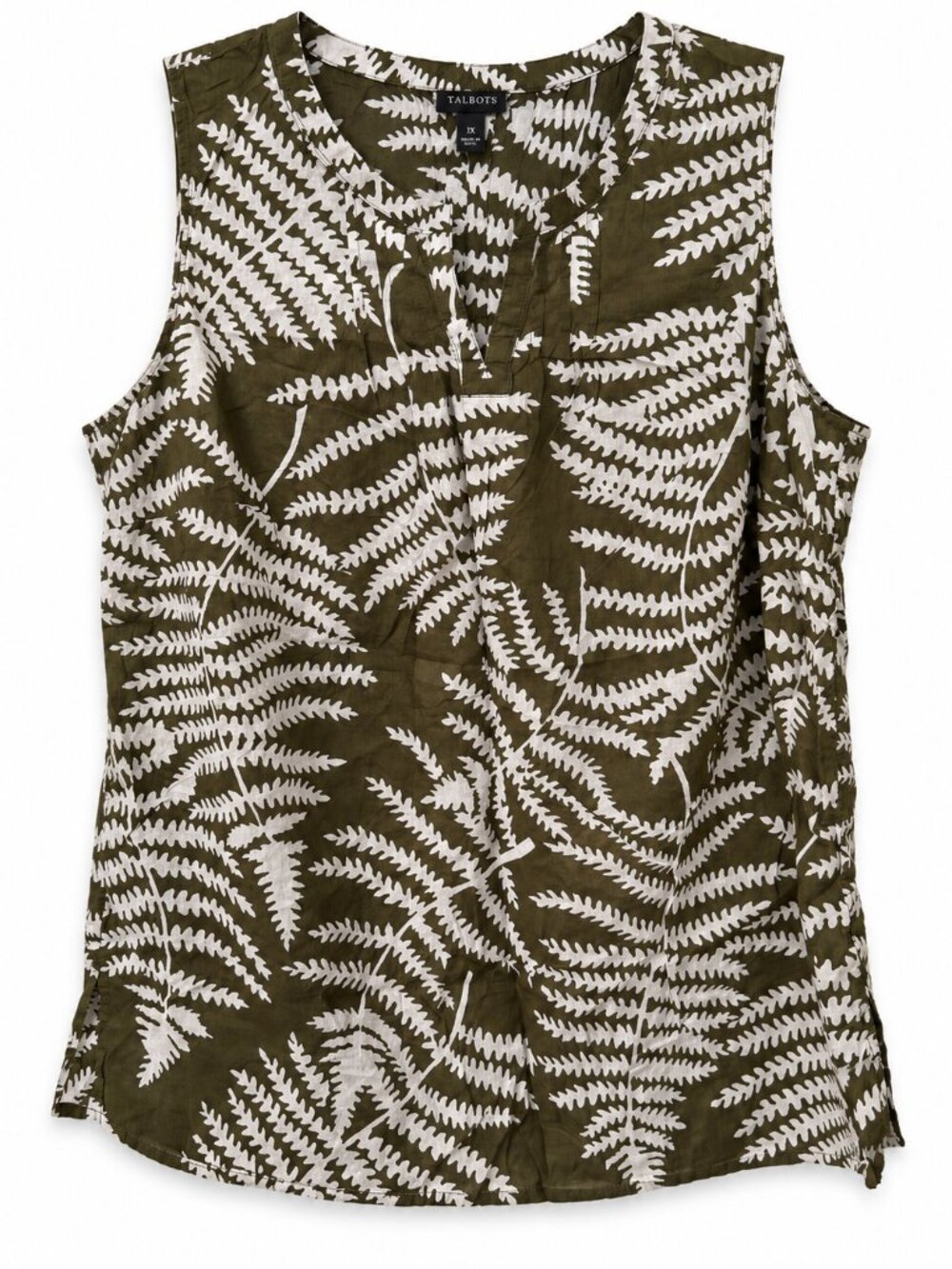 Talbots Plus 1X Sleeveless Fern Print Blouse Olive Green White Split Neck Top